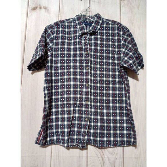 Karen Scott Shirt Ladies Medium Navy Red Stars Button Front Short Sleeve - Picture 1 of 7